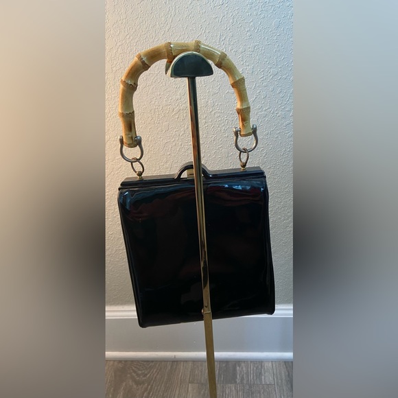 Vintage Evening Black Patent Vinyl Top Handle Handbag Purse, Bamboo Handle - Picture 5 of 11